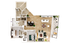 Modern floor plan showcasing 2 bedrooms, open-concept living area with dining space, and stylish kitchen with balcony access.