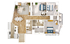 Modern 2D floor plan showcasing 3 bedrooms, elegant open-concept living and dining area, and a sleek kitchen with island seating. Features include spacious layout and wooden flooring in select units.