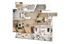 Luxurious apartment floor plan featuring 3 spacious bedrooms, 2 elegant bathrooms, open-concept living and dining area, modern kitchen, and large balcony with scenic views.