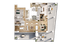 Modern open-concept floor plan with three bedrooms, luxury living area, spacious kitchen, and expansive outdoor terrace.