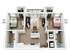 Modern 3D floor plan featuring 2 bedrooms, open-concept living area, kitchen island, and in-unit laundry with elegant finishes.