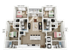 Modern 3D floor plan displaying four bedrooms, open-plan living and dining area, and a chic kitchen.
