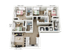 Modern 3D floor plan featuring four elegant bedrooms, an open living area with a dining space, a sleek kitchen, and two contemporary bathrooms.
