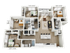 Modern 3D floor plan showcasing four bedrooms, an open-concept living room, a sleek kitchen with island seating, and multiple bathrooms. The design features a cozy balcony, emphasizing spacious and stylish living.