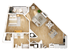 Chic floor plan showcasing a cozy one-bedroom apartment with an open living area, modern kitchen, and private balcony.