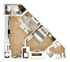 Modern one-bedroom apartment floor plan showcasing an open-concept living area, sleek kitchen, cozy balcony, and stylish bathroom.