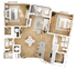 Elegant 3D floor plan showcasing 2 spacious bedrooms, an open living and dining area, and a modern kitchen with island seating. Features two luxurious bathrooms and a cozy balcony, perfect for relaxation.