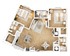 Modern floor plan featuring 2 spacious bedrooms, a cozy living area, and a well-equipped kitchen, all with stylish hardwood flooring and natural light.