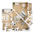 Modern 3D floor plan highlighting a spacious apartment with two bedrooms, elegant living area, balcony, and open kitchen design.