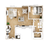 Modern floor plan showcasing an elegant 1-bedroom apartment with a spacious open-concept living area, island kitchen, cozy dining nook, and stylish bathroom.