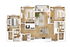 Modern apartment floor plan featuring two spacious bedrooms, an elegant open kitchen, cozy living area, and private balcony.