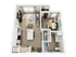 Modern apartment floor plan showcasing an open-concept living area, sleek kitchen with island, cozy bedroom, and elegant bathroom. Perfect for stylish urban living.