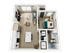 Modern 1-bedroom and 1-bathroom apartment floor plan offering an open-concept kitchen with island, cozy living area, and convenient in-unit washer/dryer.