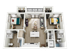 Inviting 3D floor plan showcasing modern 2-bedroom apartment with open living space and two elegant bathrooms.
