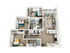 Modern 3D floor plan showcasing 3 bedrooms, a sleek kitchen with island, and an inviting living area with natural light.