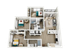 Modern 3D floor plan featuring 3 spacious bedrooms, elegant living room, contemporary kitchen with island, and two luxurious bathrooms.