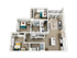 Charming 3D floor plan showcasing a modern apartment with 3 bedrooms, open-plan kitchen, cozy living area, and stylish balcony.