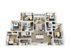Modern 3-bedroom apartment layout with open living area, sleek kitchen, and cozy bedrooms, designed for contemporary living.