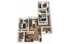 Chic apartment floor plan showcasing 3 bedrooms, a cozy living area, modern kitchen with bar seating, and two bathrooms.