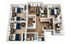 Spacious 3D apartment floor plan showcasing 4 bedrooms, open-concept living and dining area, modern kitchen with island, and multiple bathrooms. Ideal layout for comfortable living.