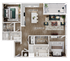3D floor plan with two bedrooms, two bathrooms, open kitchen and living area, and balcony.