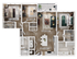 Contemporary 2D floor plan showcasing 3 bedrooms, open living space, and modern kitchen design.