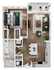 Detailed floor plan showing a 1-bedroom apartment with an open living area, modern kitchen, and balcony.