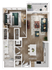 Chic floor plan featuring a spacious bedroom, open living room, modern kitchen, and elegant balcony.