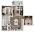 Stylish 2D floor plan with one bedroom, open-concept living room, dining area, and a modern kitchen.
