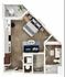 Modern 1-bedroom apartment floor plan with open living area, sleek kitchen, and balcony.