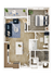 Detailed 3D floor plan of a stylish one-bedroom apartment with open-concept living and dining area, balcony, and modern kitchen.