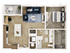 Modern 1-bedroom apartment floor plan with open kitchen, cozy living room, and spacious balcony.