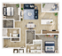 3D floor plan showcasing 2 bedrooms with en-suite bathrooms, open-concept living and dining area, and modern kitchen with island seating.