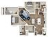 Contemporary 3D floor plan with 2 bedrooms, an open living area, and a stylish kitchen.