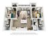 Bright and modern 3D floor plan showcasing a chic 2-bedroom apartment with an open-concept living and kitchen area, two bathrooms, and in-unit laundry for convenient living.