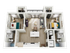 Modern 3D floor plan featuring two spacious bedrooms, a stylish open-concept living area with a cozy sofa, and a sleek kitchen with an island. Includes two contemporary bathrooms, washer/dryer setup, and elegant flooring throughout.