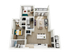 Beautiful 3D floor plan displaying a modern two-bedroom apartment with an open-concept living area, sleek kitchen, and chic decor accents.