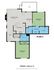 Contemporary floor plan featuring two bedrooms, a patio, and an open living area in 1040 sq ft.