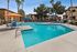 North Las Vegas, NV, Apartments Near Downtown Summerlin - Topaz Springs - Outdoor Swimming Pool With Clear Blue Water, Lounge Chairs, Umbrella Tables, And Palm Trees.