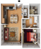 Modern 3D floor plan showcasing a cozy one-bedroom apartment with a stylish open kitchen, elegant living room, chic bathroom, and a walk-in closet.