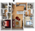 Modern 3D floor plan showcasing 2 bedrooms with plush carpets, an open living room with cozy seating, a sleek kitchen island, and 2 bathrooms with ample storage space. Ideal for contemporary urban living.