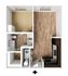 Modern apartment floor plan showcasing an open-concept living area, cozy bedroom, efficient kitchen, and a stylish bathroom with laundry facilities.