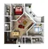 Elegant 3D floor plan showcasing 2 bedrooms, a cozy living room, modern kitchen, and balcony seating area.