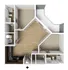 Contemporary 3D floor plan with two bedrooms, sleek kitchen, and stylish open living area.