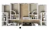 Modern 2D apartment floor plan showcasing 3 bedrooms, a central open kitchen, multiple bathrooms, and ample storage space.