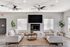 Bright, modern living room featuring cozy white armchairs, sleek ceiling fans, and a stylish fireplace, complemented by lush green plants.