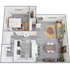 Modern floor plan featuring 1 bedroom, open-concept kitchen, and spacious living area with stylish decor.