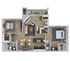 Modern floor plan showcasing 2 bedrooms, an open living room, and a contemporary kitchen with dining area. Includes two bathrooms and a balcony for outdoor enjoyment.