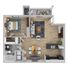 Modern open-concept floor plan featuring one bedroom, cozy living area, stylish kitchen, and private balcony.