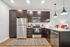 A stylish kitchen featuring mahogony cabinets and vibrant red chairs, showcasing luxury living in Lusso Apartments, Columbus, Ohio.